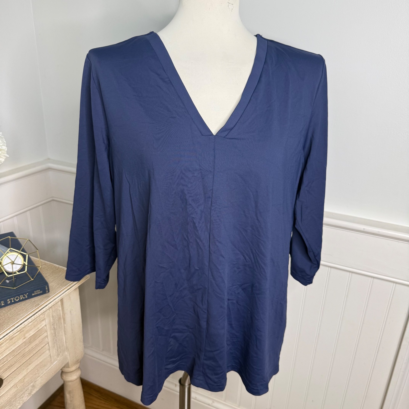 Lulu-B Womens Navy Blue V-Neck 3/4 Sleeve Relaxed Fit Tunic Blouse Top Large
